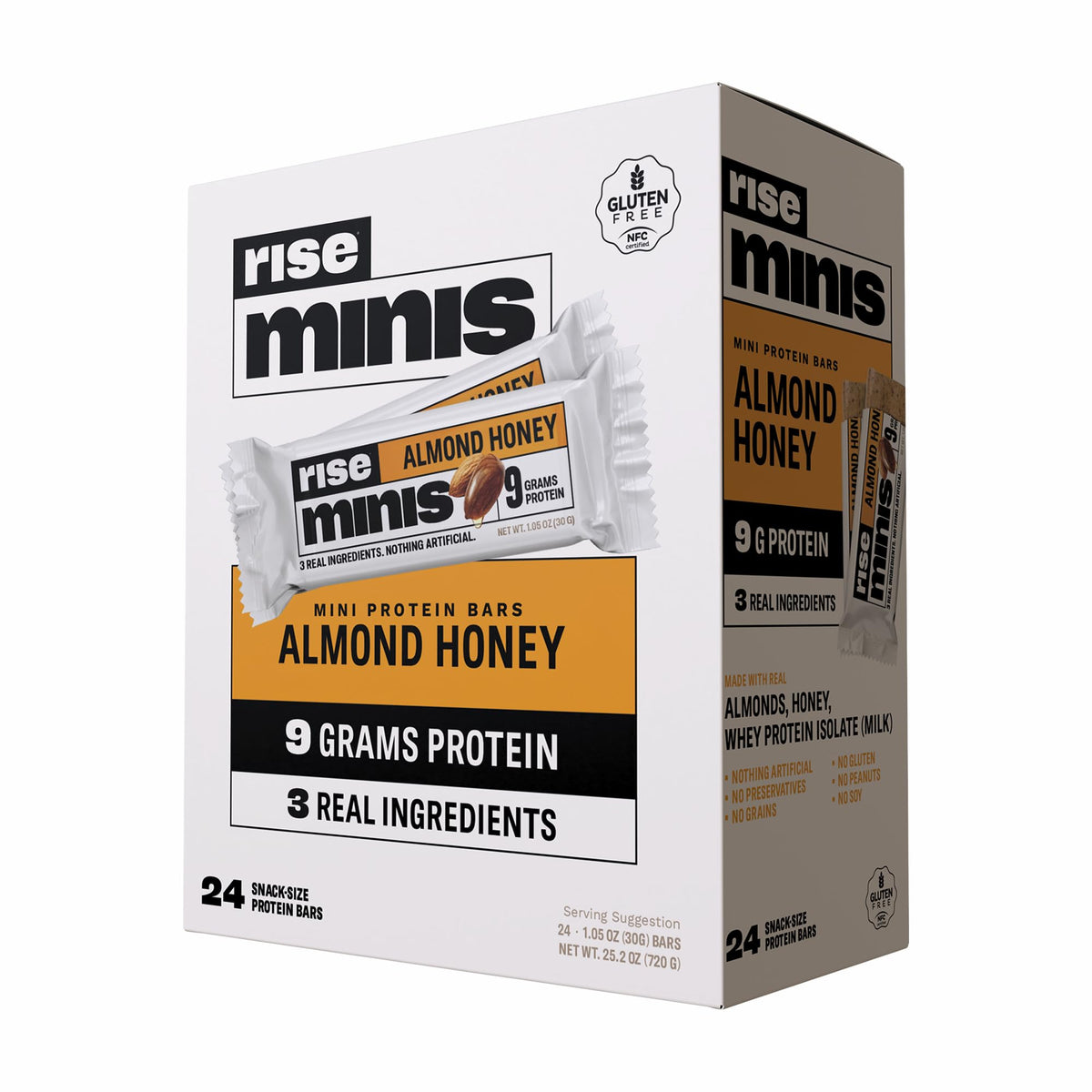 Rise Minis Almond Honey bar packaging shows a clean, protein-packed snack on the go.