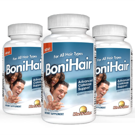 Rise-N-Shine BoniHair Catalase bottle front with 180 capsules for daily hair vitality
