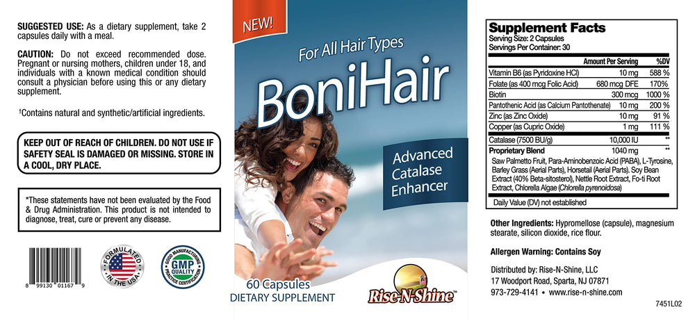 Capsules arranged in a row showcasing Rise-N-Shine BoniHair Catalase ease of daily intake