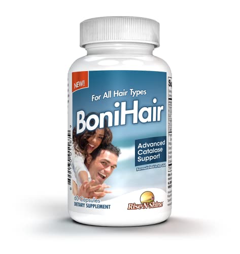 Close-up of Rise-N-Shine BoniHair Catalase label highlighting 10,000 IU catalase and ingredients