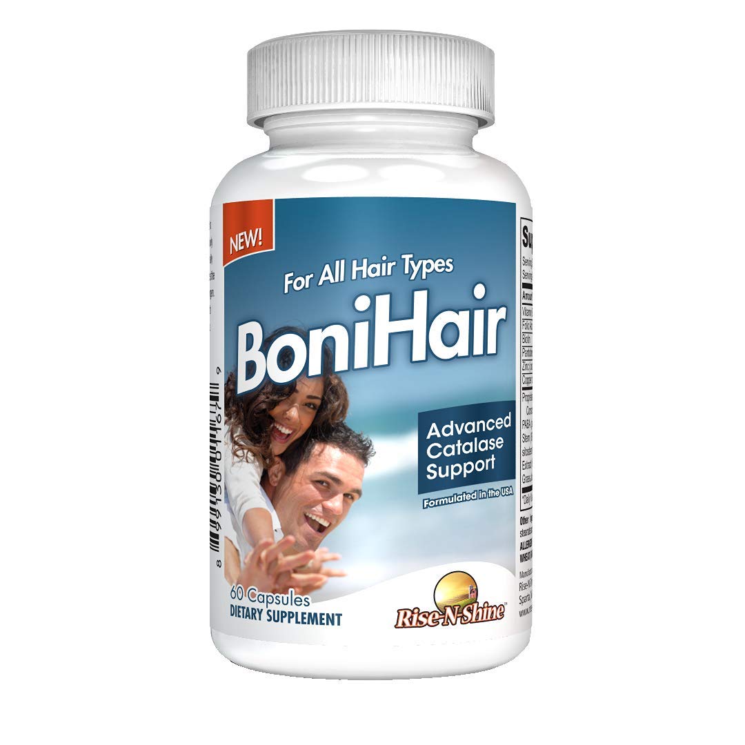Rise-N-Shine BoniHair bottle label highlighting 10,000 IU catalase.