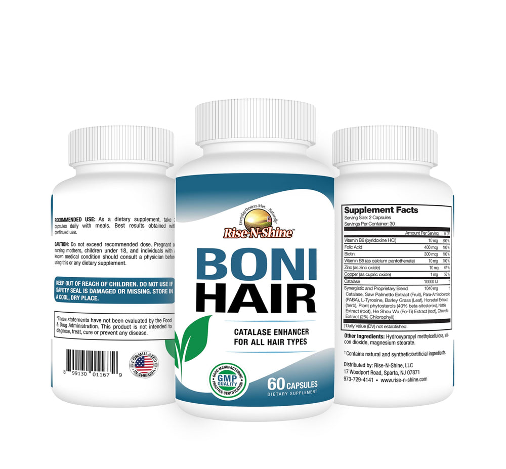 Close-up of BoniHair Catalase capsules showing easy-to-take pills