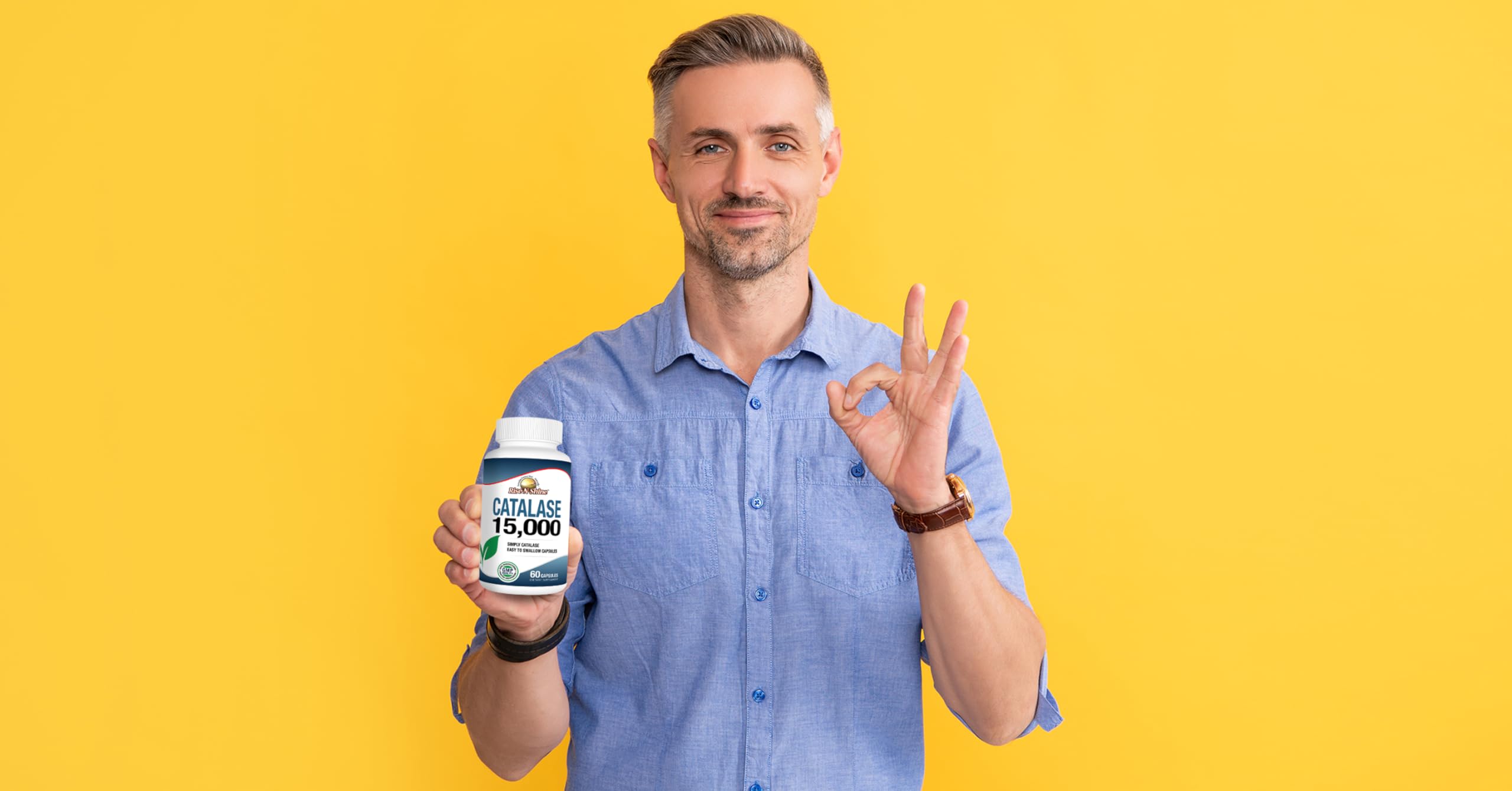 Rise-N-Shine Catalase capsules in hand imply personal daily ritual.