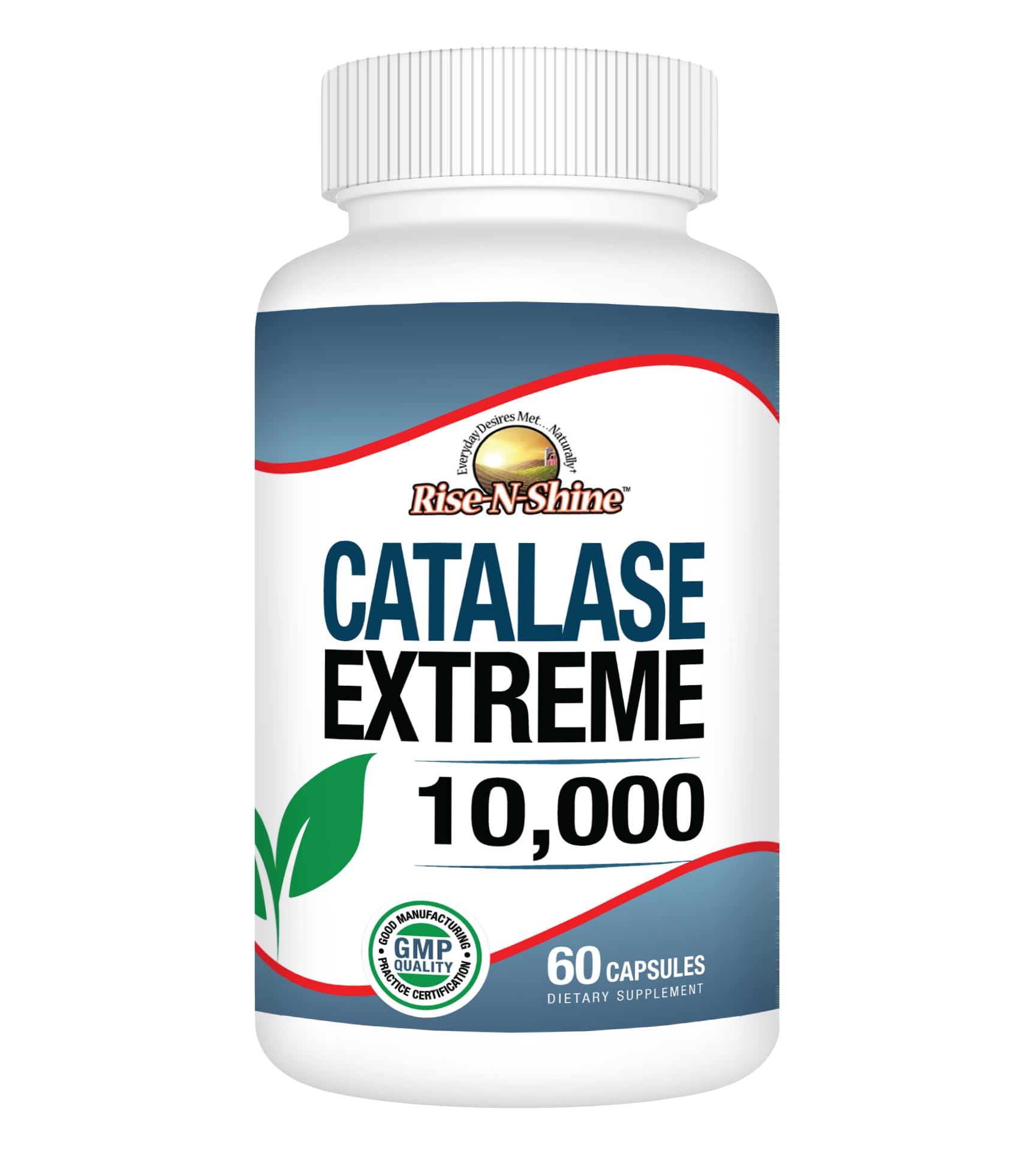 Rise-N-Shine Catalase Extreme bottle supports hair vitality.