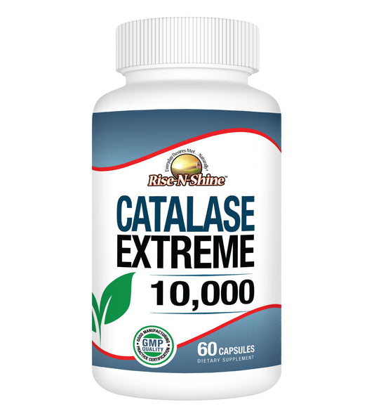 Rise-N-Shine Catalase Extreme bottle supports hair vitality.