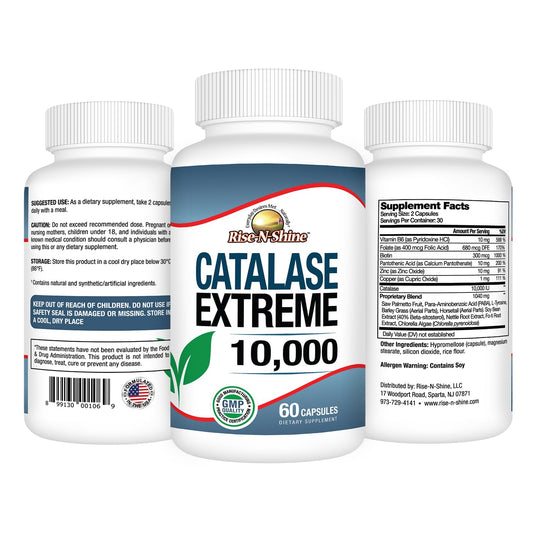 Rise-N-Shine Catalase Extreme capsules ready for daily support.