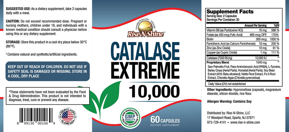 Rise-N-Shine Catalase Extreme10000 label close-up highlights premium formula.