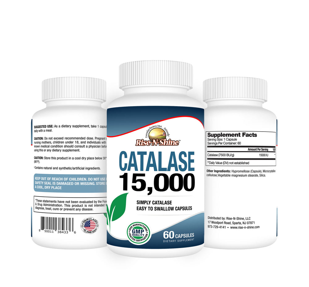 Rise-N-Shine Catalase label closeup showing dosage and ingredients for daily wellness.