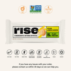 Rise Bar Lemon Cashew flavor with lemon zest and cashew pieces, gluten-free and non-GMO