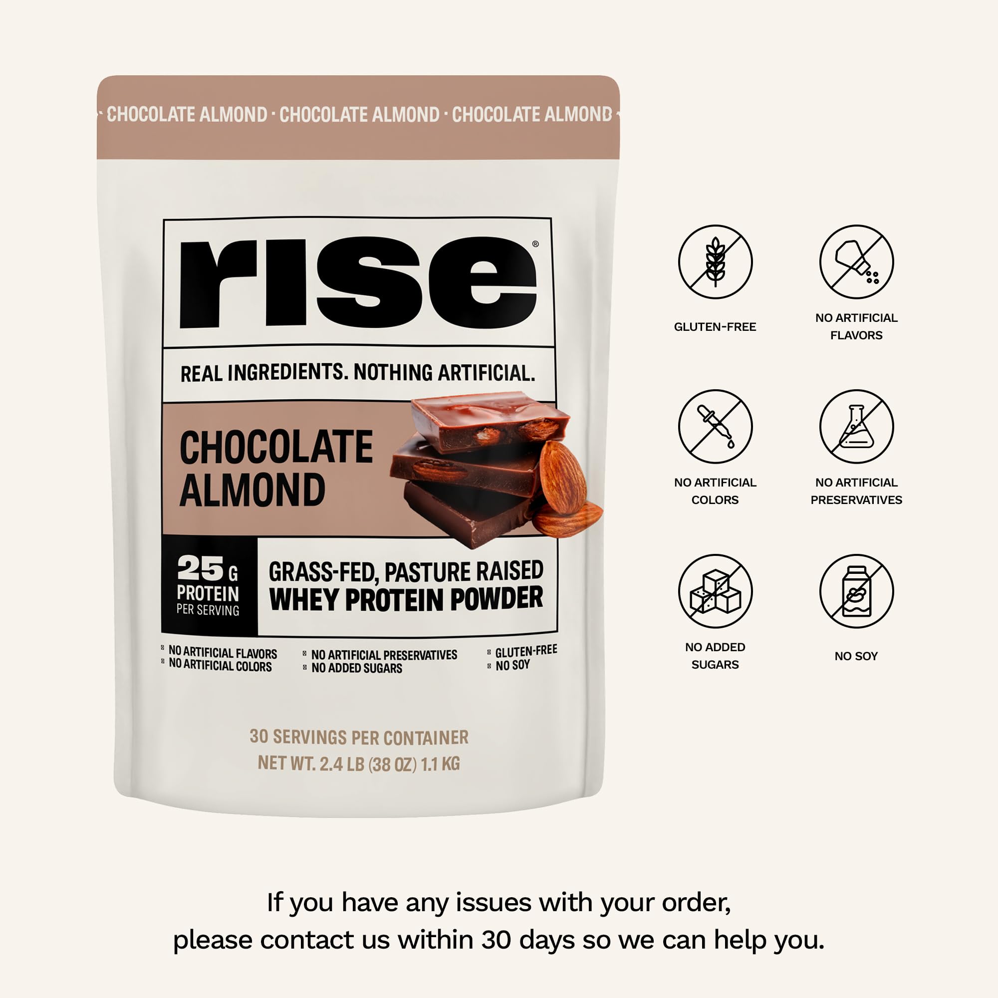 Rise Whey canister label highlights 25g protein and zero sugar