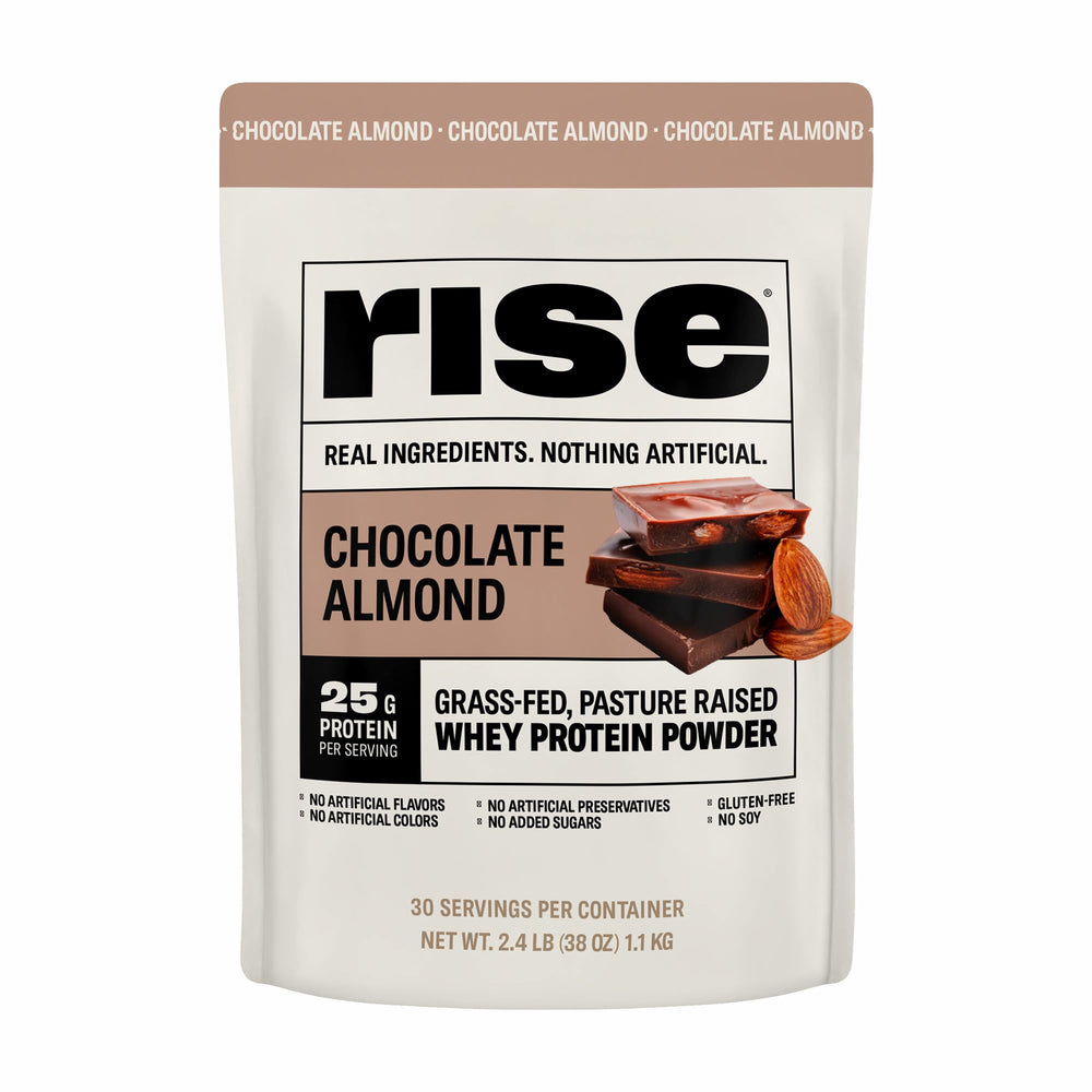 Rise Whey Grass-Fed Chocolate Almond powder for clean protein on the go