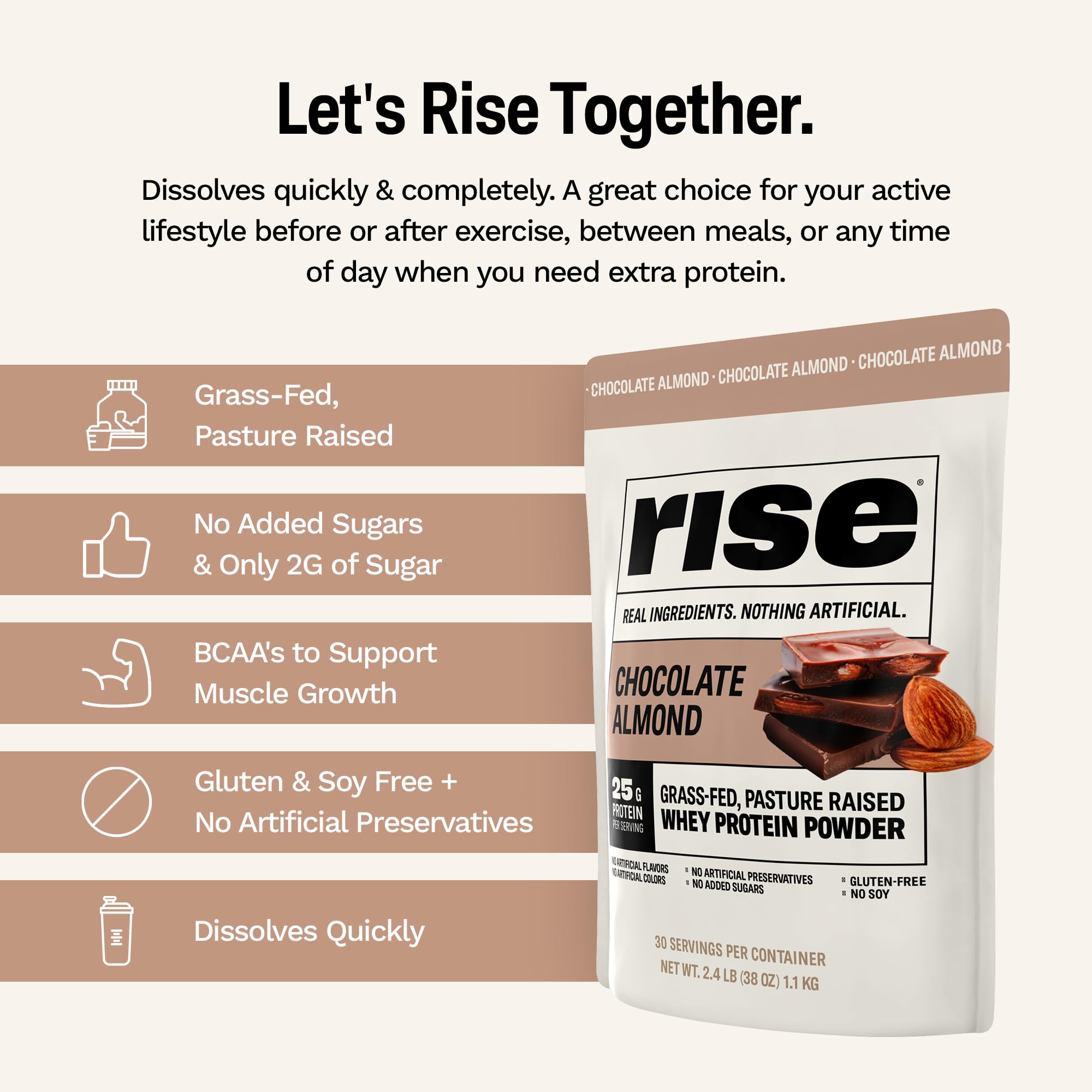 Rise Whey no artificial flavors image conveys pure taste