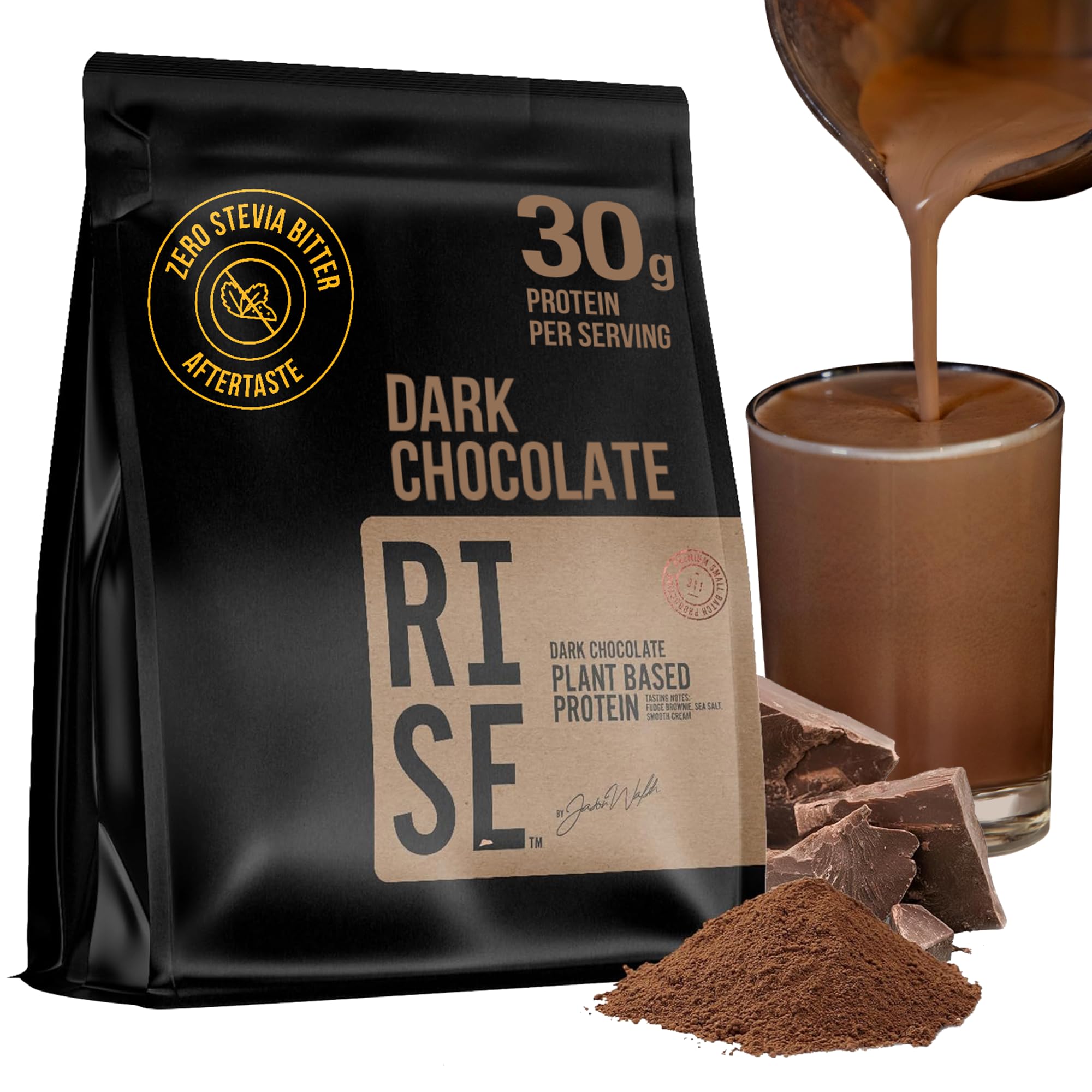 RISE311 dark chocolate protein bottle shows 30g plant protein per serving for muscle support.