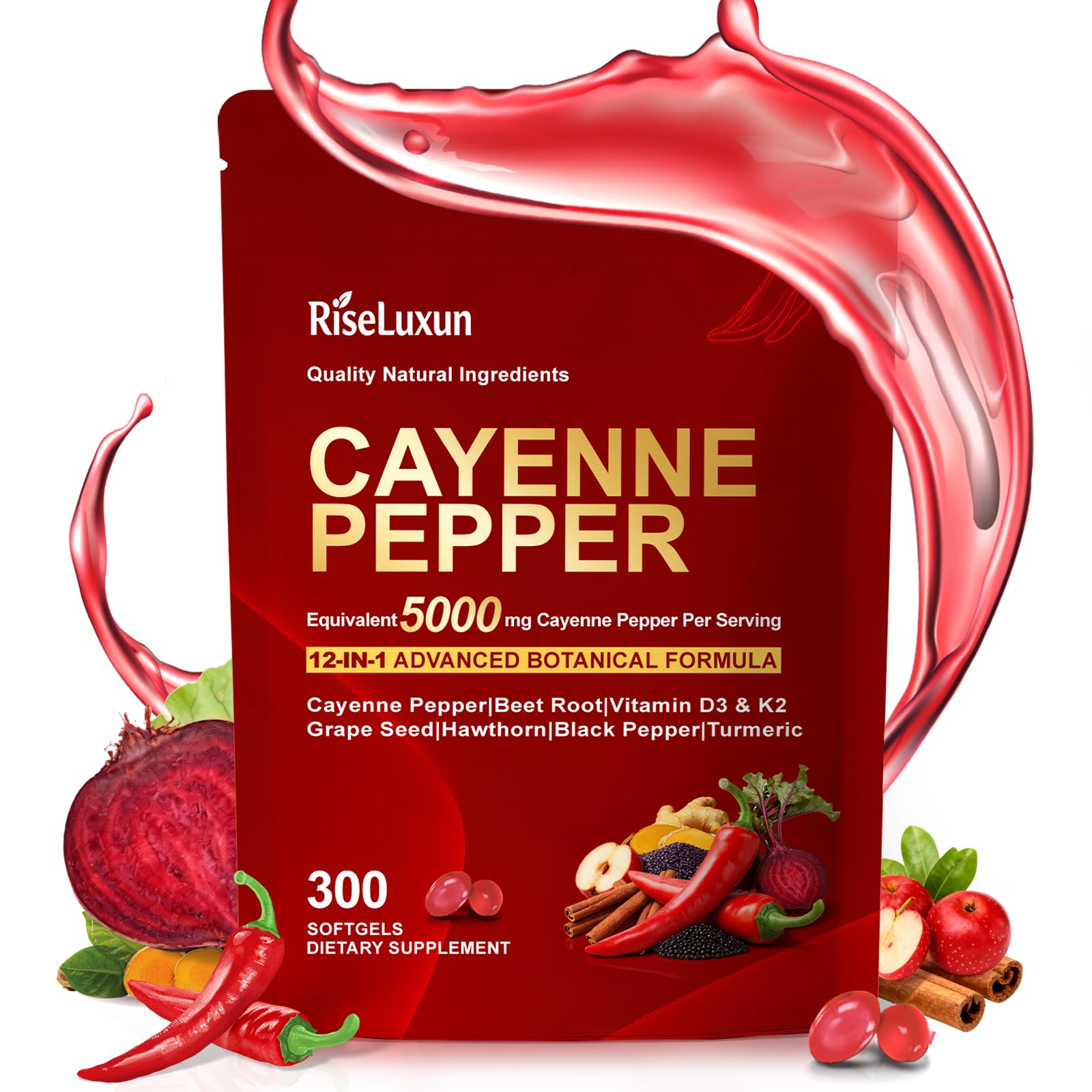 RiseLuxun 12in1 cayenne bottle front shows a comprehensive wellness capsule blend