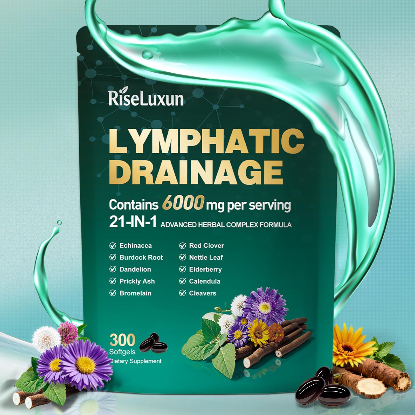 RiseLuxun 21-in-1 lymph bottle pour illustrates easy daily dosing for support.