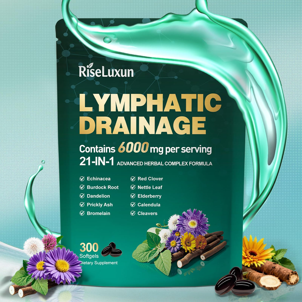 RiseLuxun 21-in-1 lymph bottle pour illustrates easy daily dosing for support.