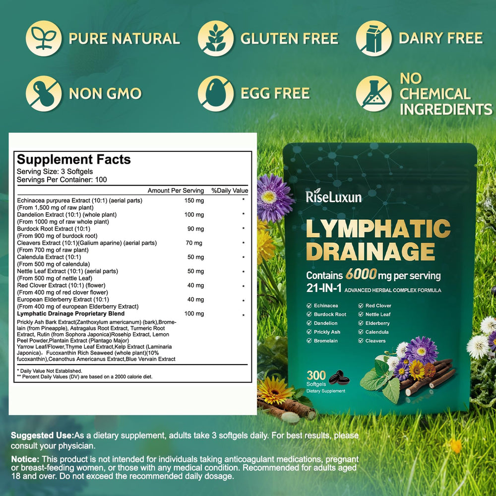 RiseLuxun 21-in-1 lymph label and ingredients detail communicates transparency.
