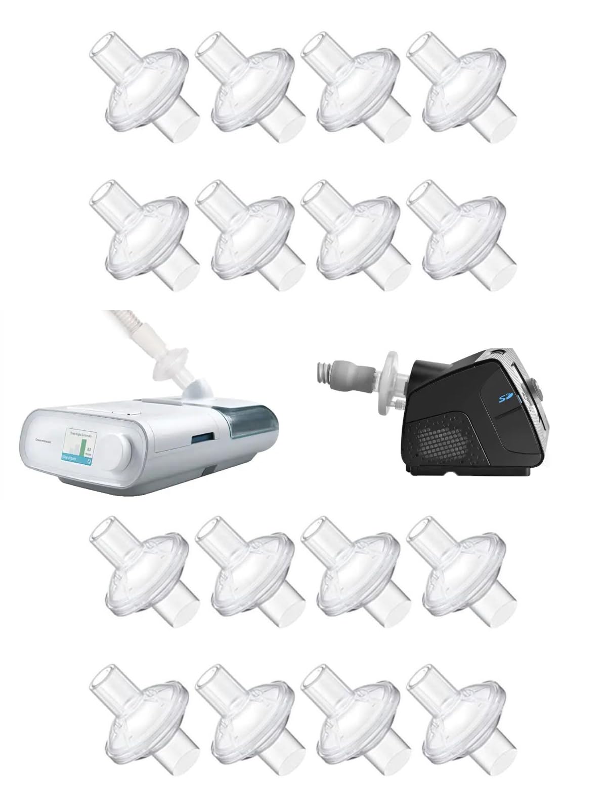 rislabo universal CPAP inline filter connected to machine and hose for universal compatibility