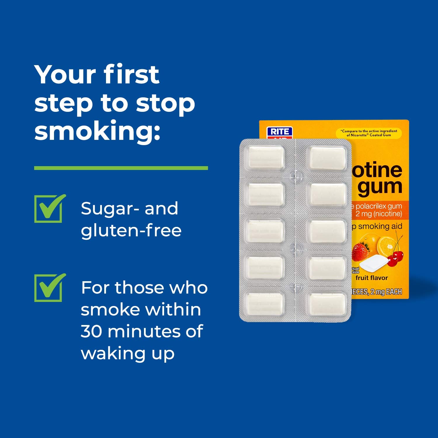 Rite Aid nicotine gum 2mg fruit flavor coated texture close-up highlights smooth chew