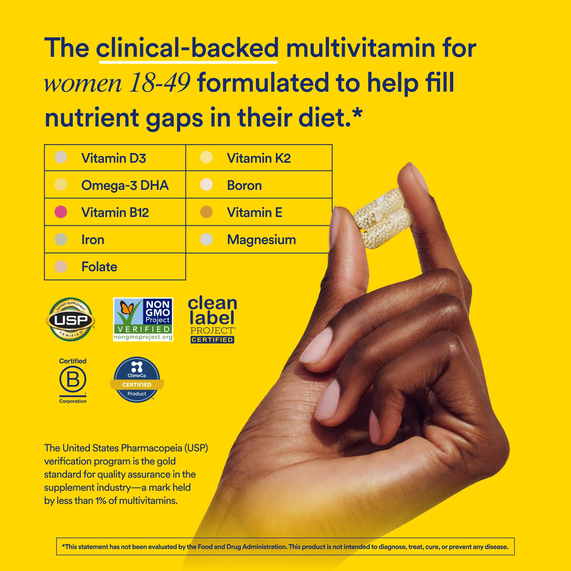 Ritual Essential Women capsules close-up highlights easy-to-swallow capsules