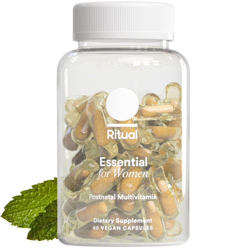 Ritual Essential Postnatal Multivitamin bottle front supports daily postpartum nutrition