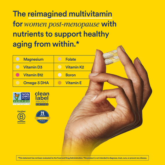 Ritual multivitamin for women 50+ bottle-label highlighting vegan, non-GMO formulation.