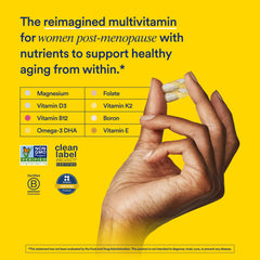 Ritual multivitamin for women 50+ bottle-label highlighting vegan, non-GMO formulation.
