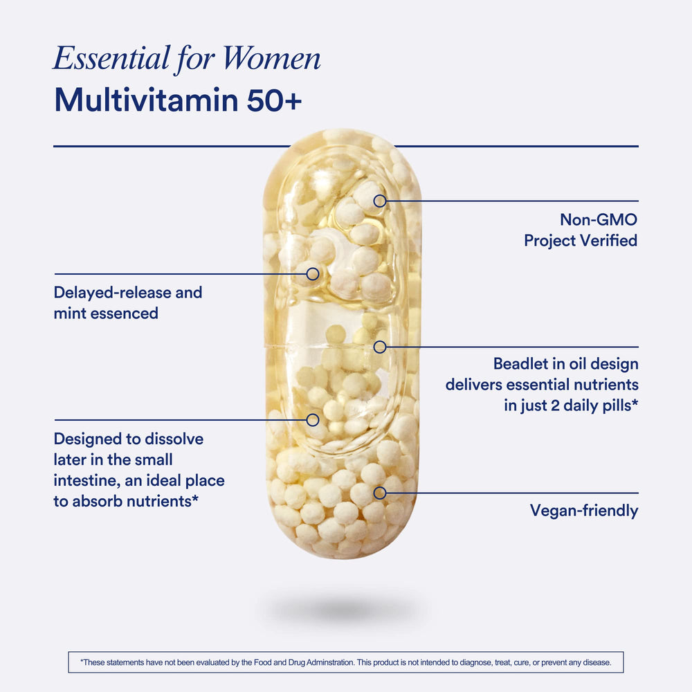 Ritual multivitamin for women 50+ omega-3 DHA from microalgae close-up, heart-friendly.