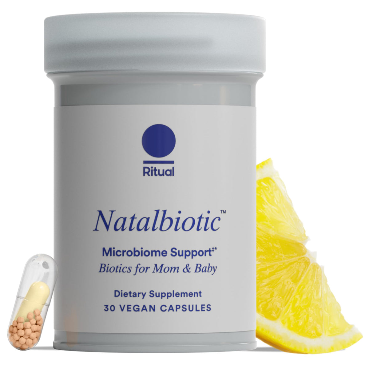 Ritual Natalbiotic bottle with capsules for mom and baby support.