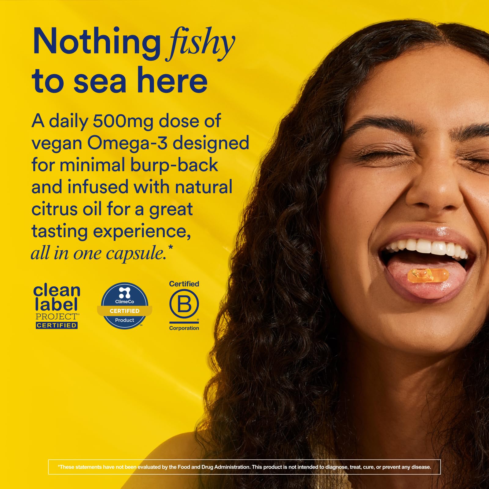 Ritual Omega-3 capsules close-up highlighting non-fishy, minimal burp experience.