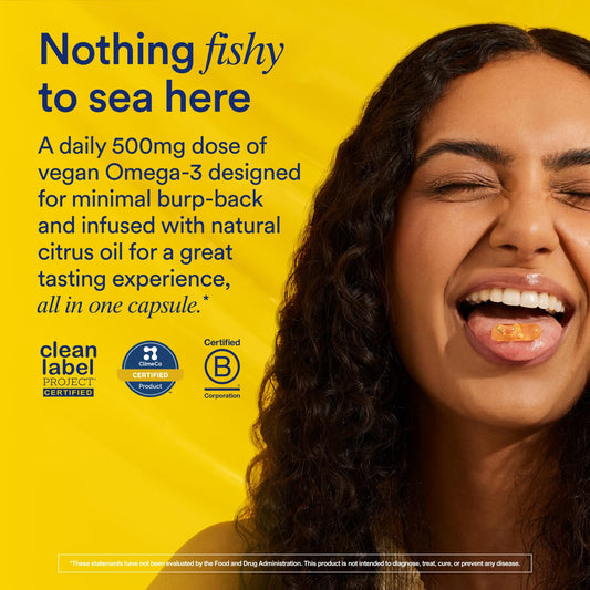 Ritual Omega-3 capsules close-up highlighting non-fishy, minimal burp experience.