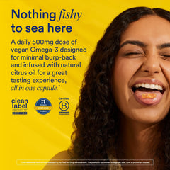 Ritual Omega-3 capsules close-up highlighting non-fishy, minimal burp experience.