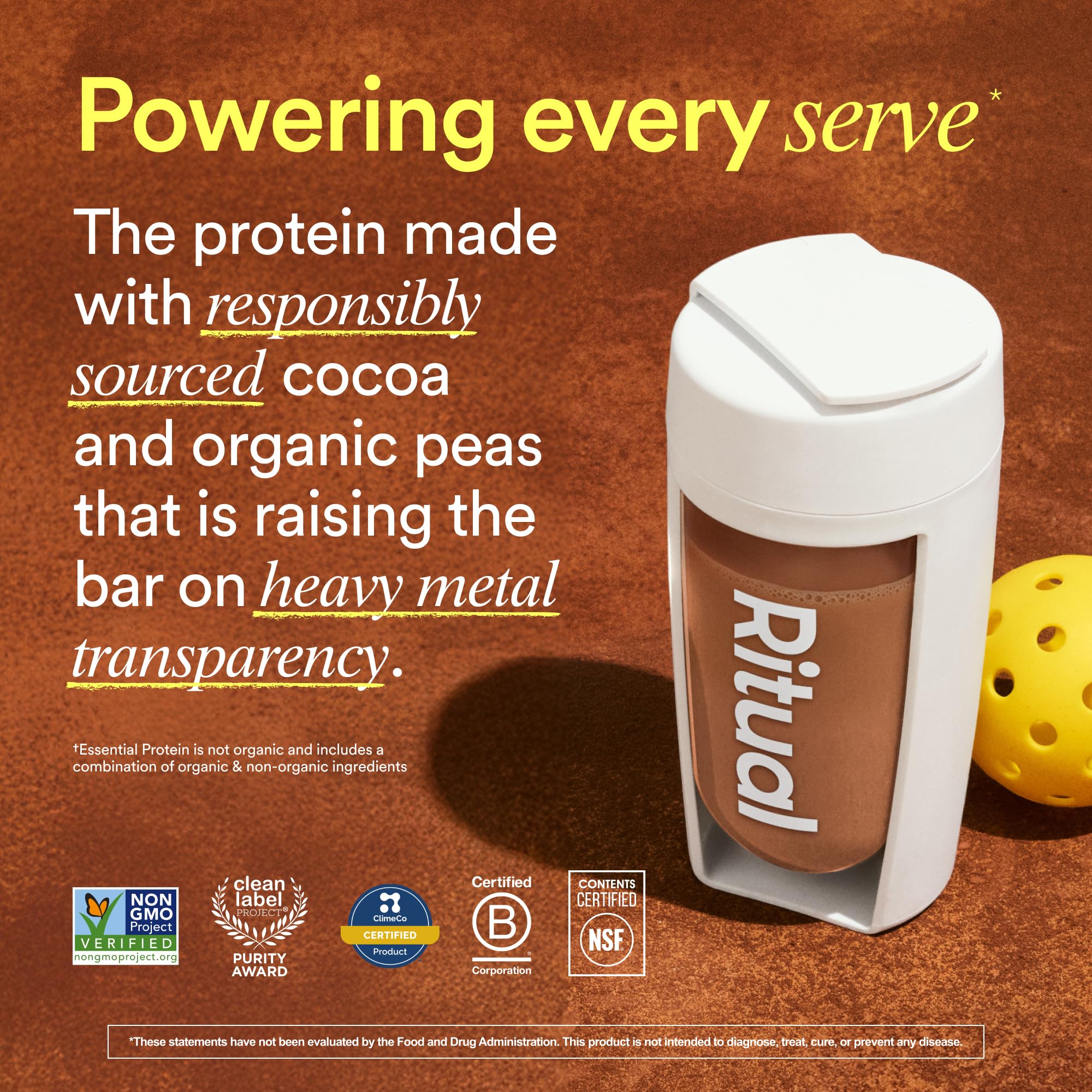 Ritual Pea Protein bag opened to reveal chocolate powder, plant-based nutrition.
