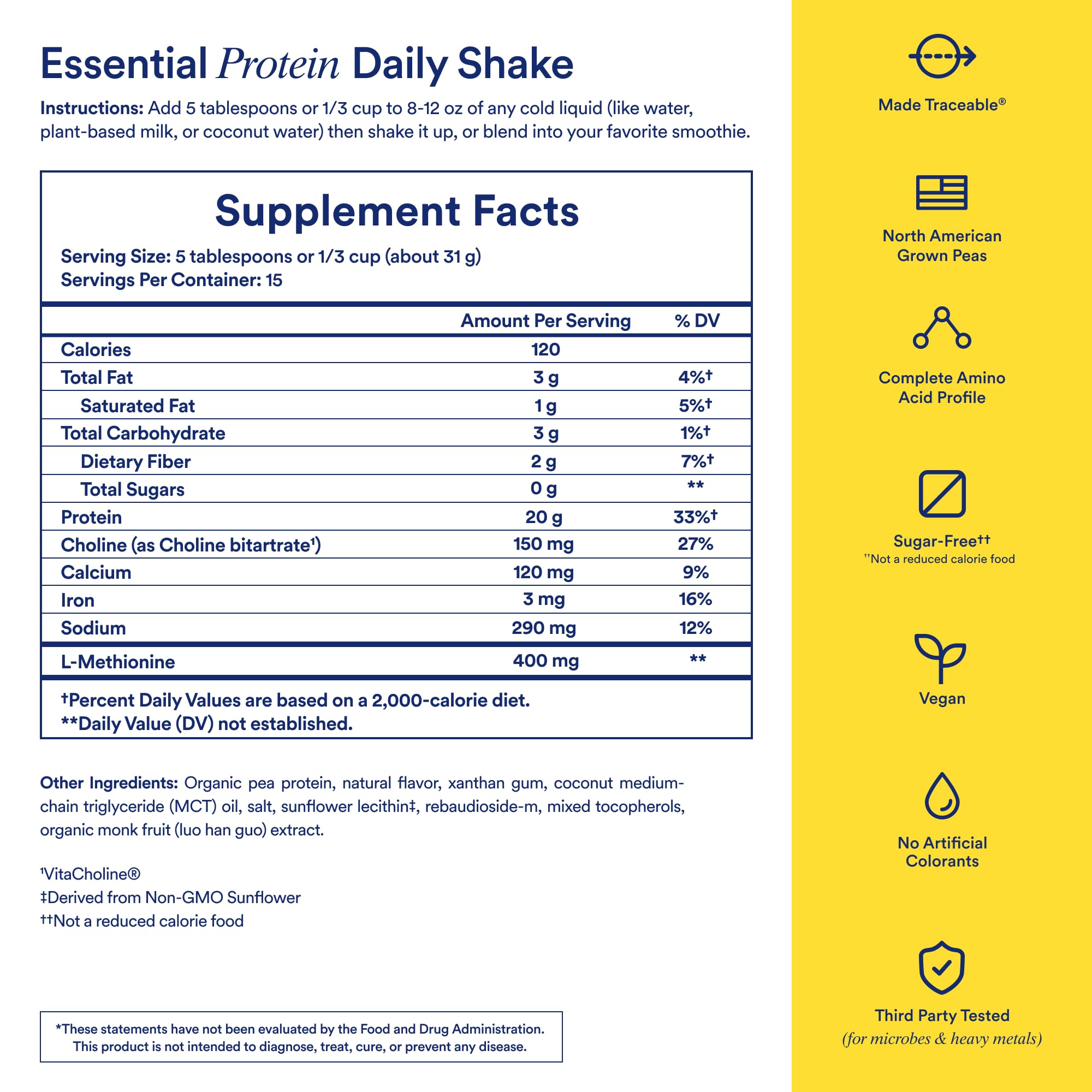 Ritual Pea Protein Powder measuring guide image shows five tablespoons per serving.