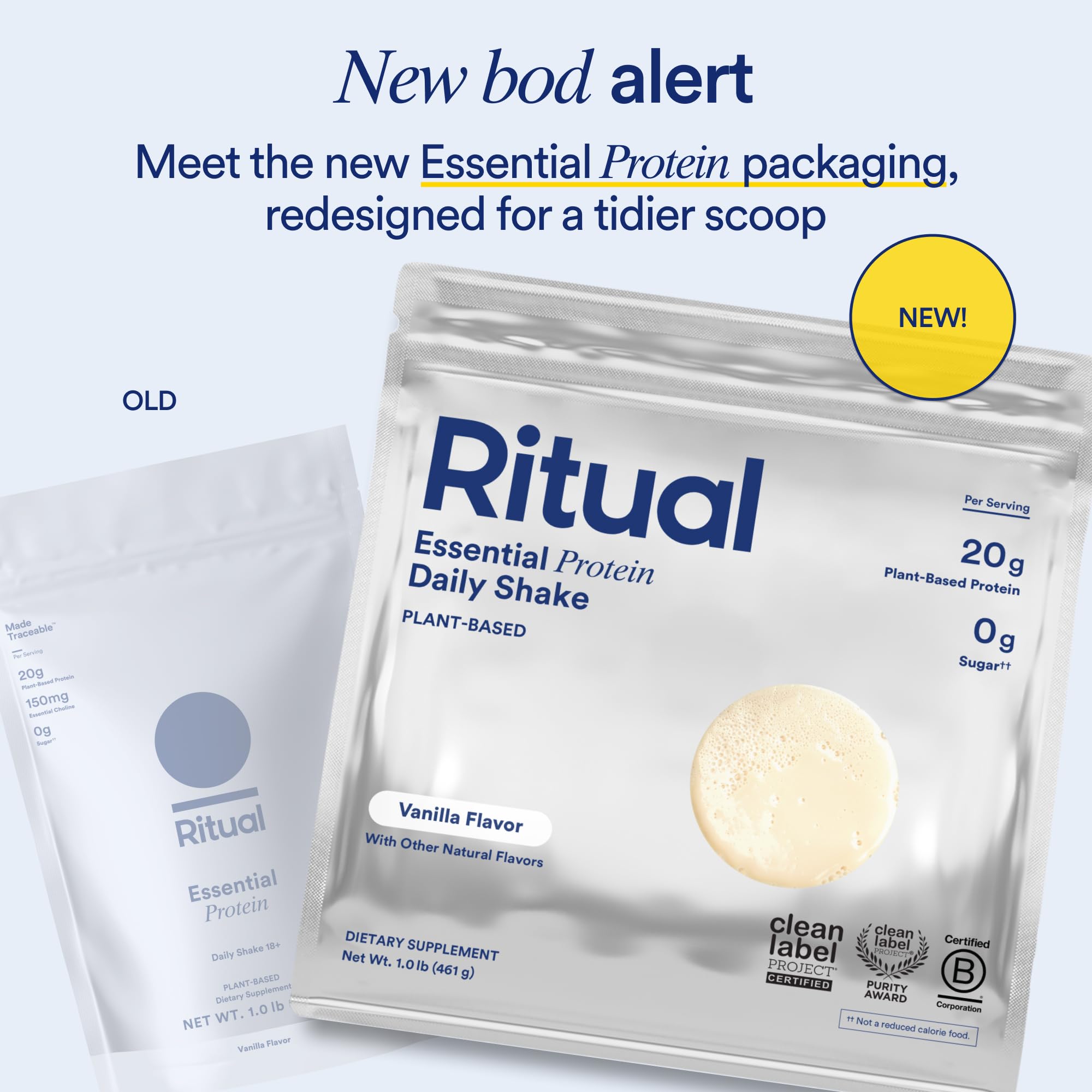 Ritual Pea Protein Powder packaging image emphasizes recyclable materials and reduced footprint.