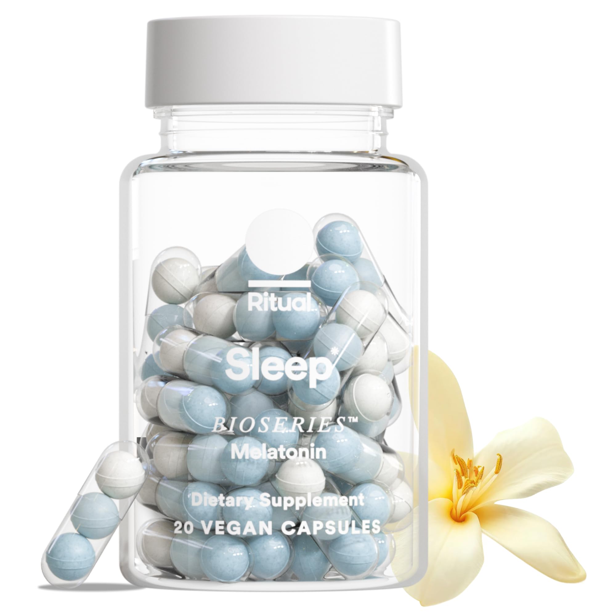 Ritual Sleep BioSeries melatonin bottle showing all-night support and steady release