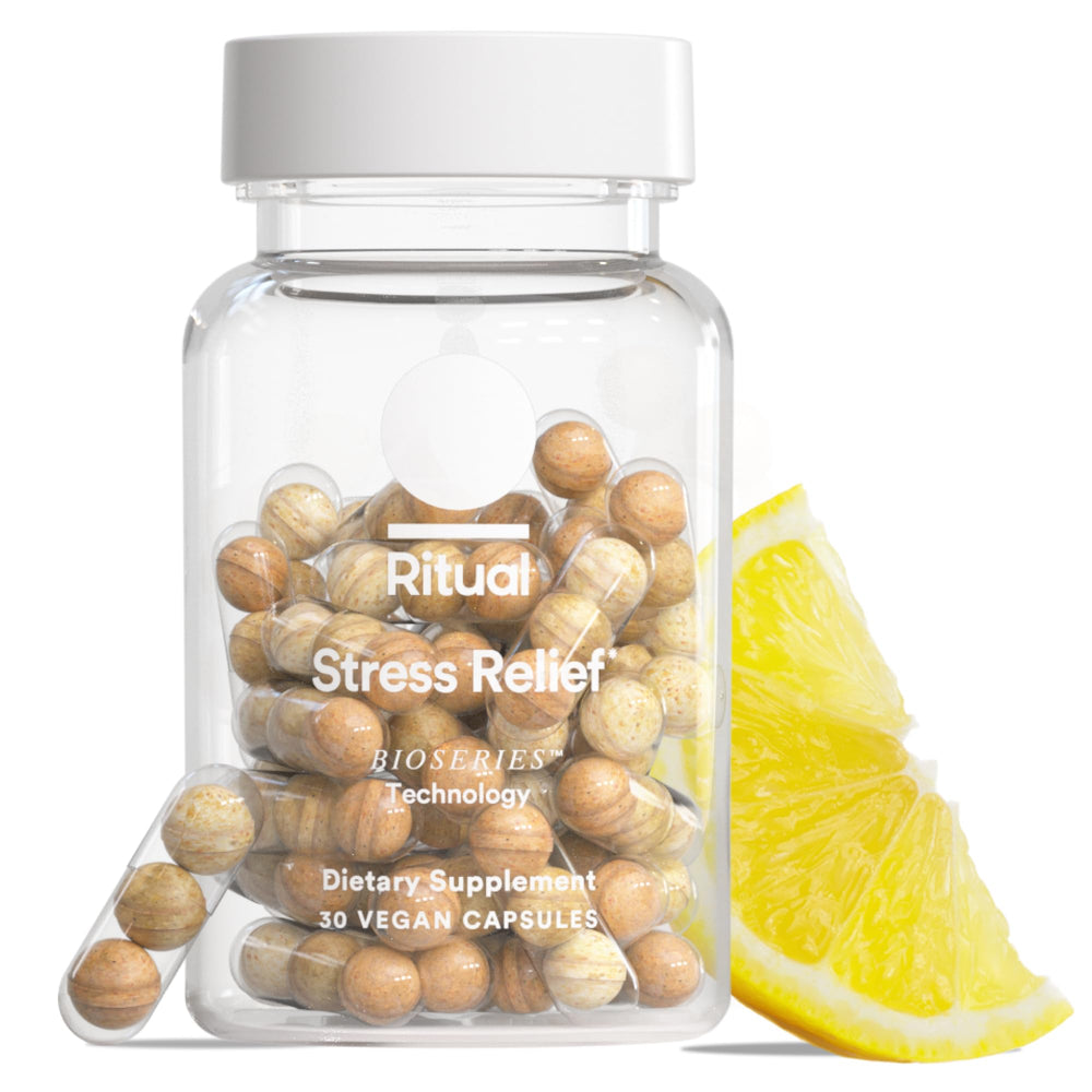 Ritual Stress Relief Shoden Ashwagandha bottle shows a calm, balanced routine