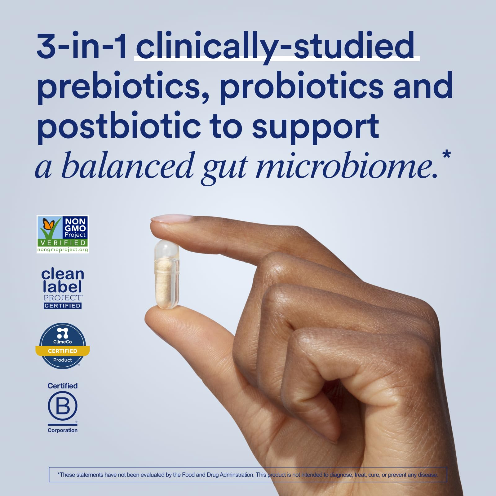 Ritual Synbiotic+ bottle closeup showing capsules for targeted gut delivery.