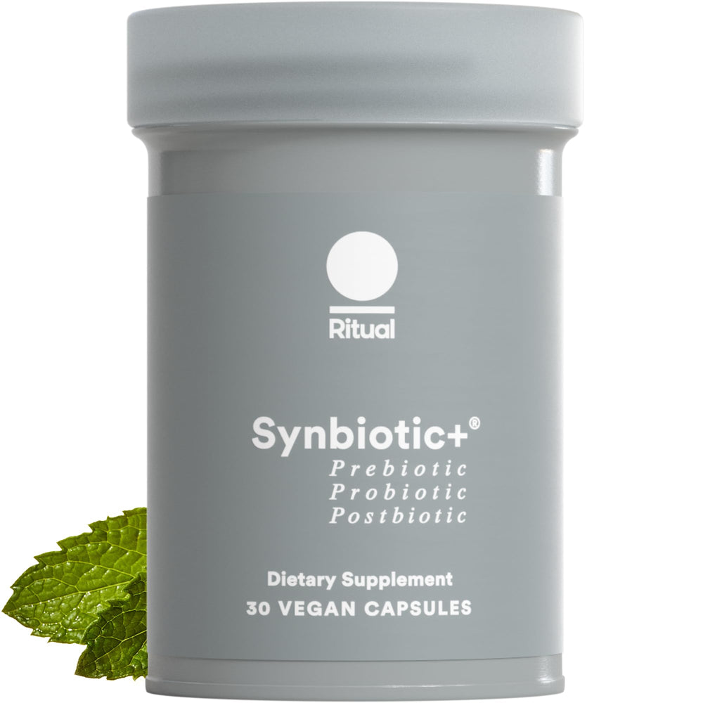 Ritual Synbiotic+ bottle front promoting gut health support.