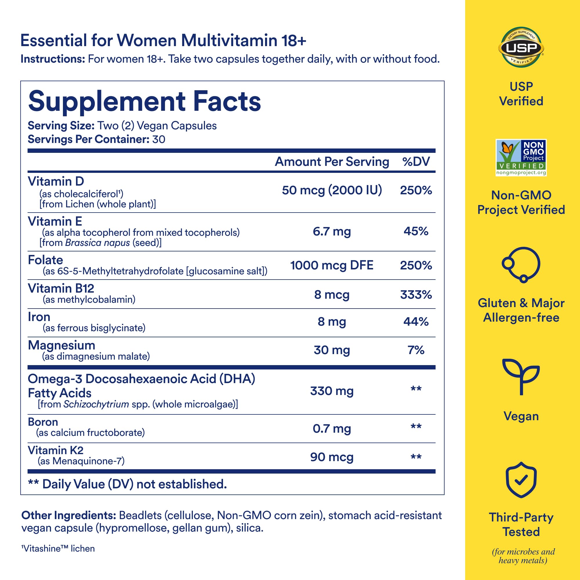 Ritual multivitamin label detail highlights vegan, gluten-free formulation.