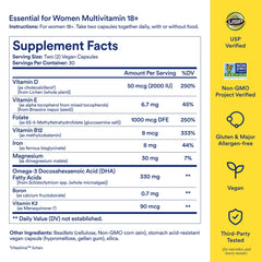 Ritual multivitamin label detail highlights vegan, gluten-free formulation.