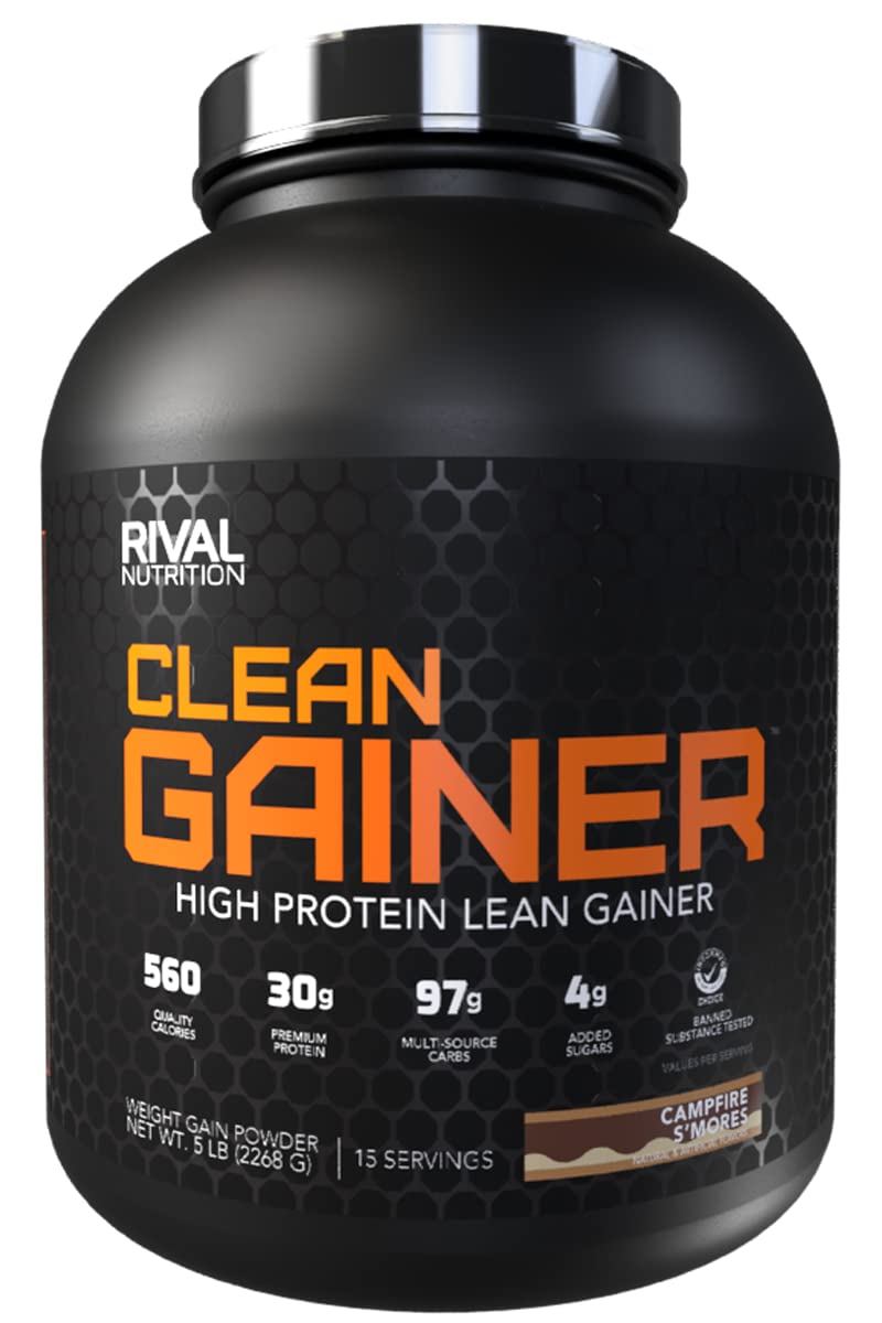 Rival Nutrition Clean Gainer Campfire S'Mores bag highlights protein blend for muscle support