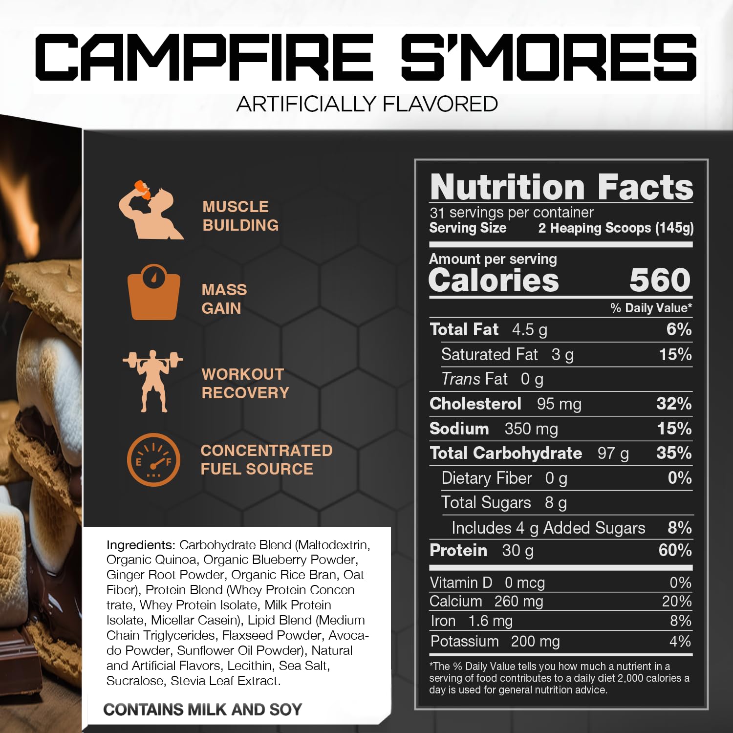 Rival Nutrition Clean Gainer Campfire Smores ingredients graphic showing protein, carbs, fats.