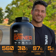 Rival Nutrition Clean Gainer Campfire Smores bottle being poured for post-workout use.