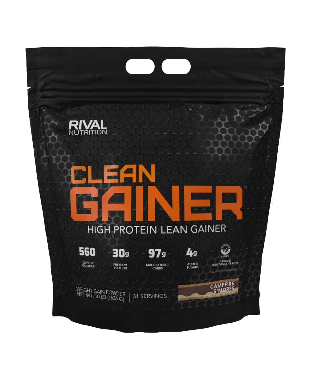 Rival Nutrition Clean Gainer Campfire Smores tub highlights high-calorie, balanced shake.