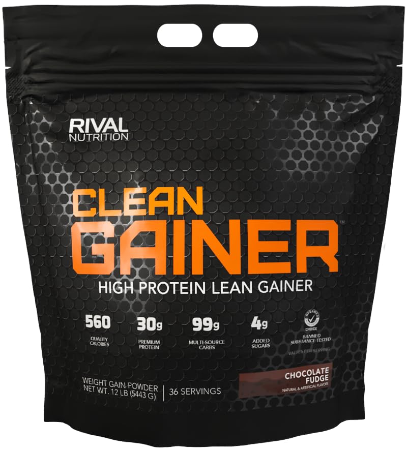 RIVAL NUTRITION Clean Gainer chocolate fudge bag shows high-calorie fueling for growth