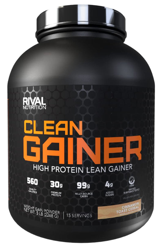 RIVAL NUTRITION Clean Gainer Cinnamon Toast Cereal tub for high-calorie muscle support.