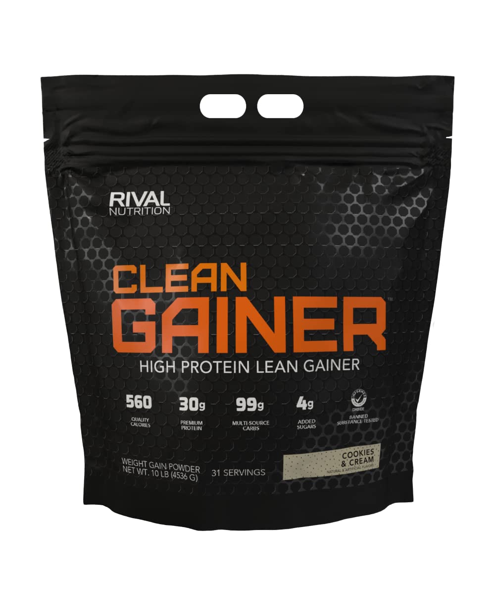 RIVAL NUTRITION Clean Gainer Cookies & Cream 10lb tub front for high calorie mass