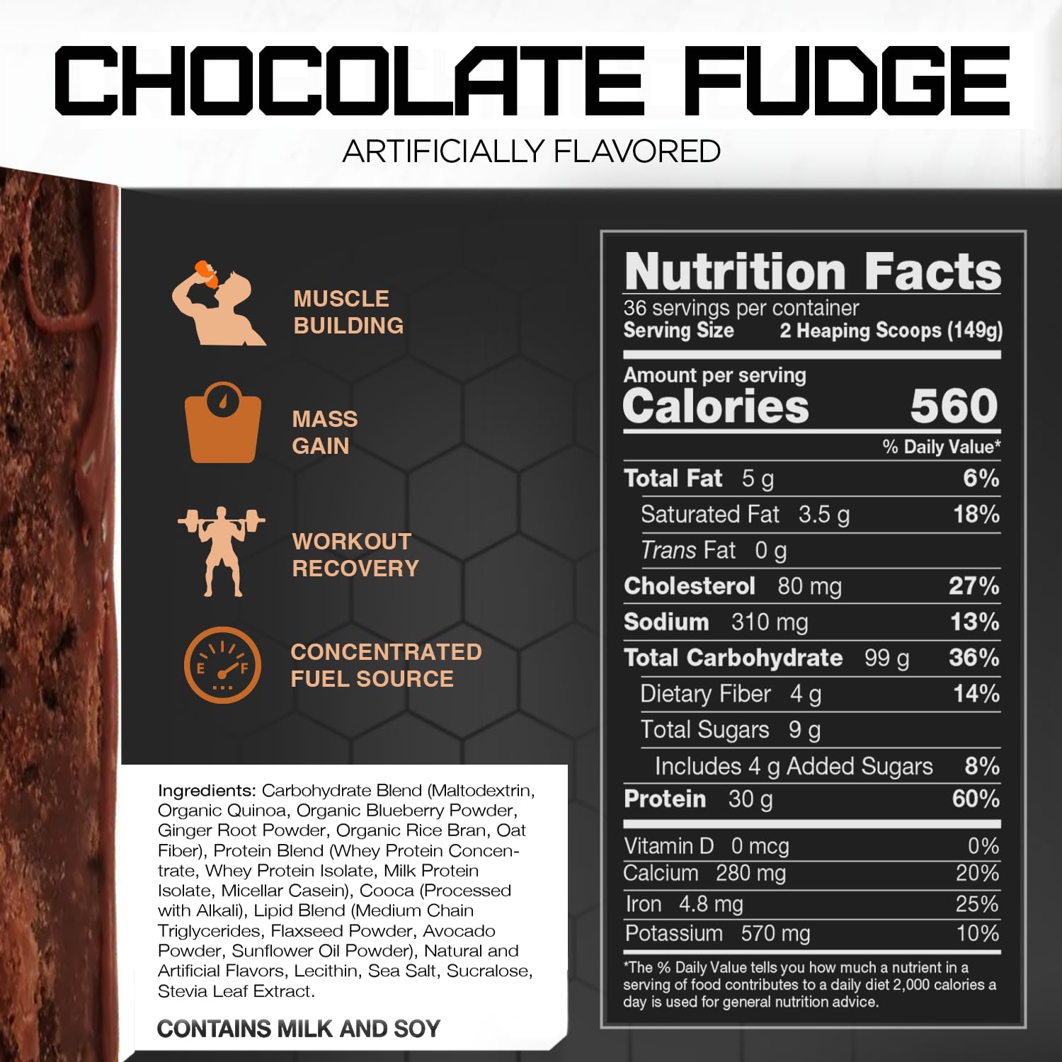 RIVAL NUTRITION Clean Gainer flavor label highlights ingredients and third-party testing