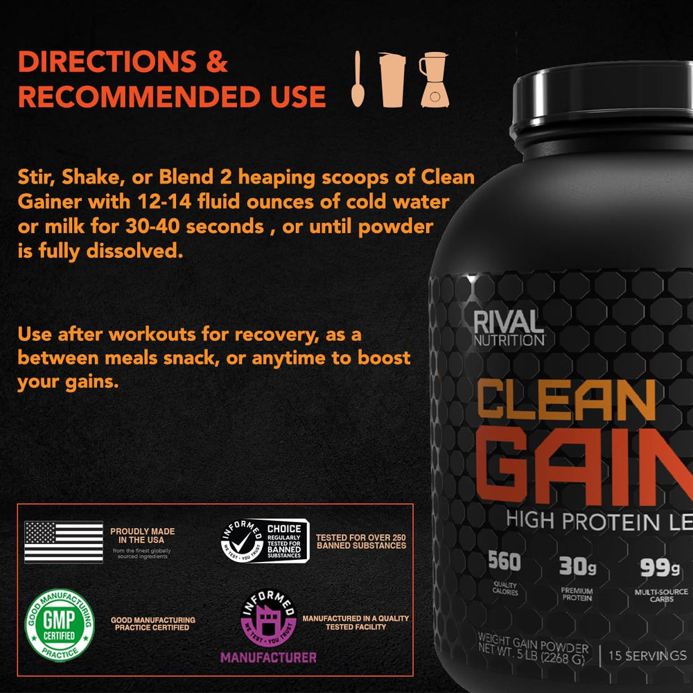 RIVAL NUTRITION Clean Gainer flavors display for taste variety